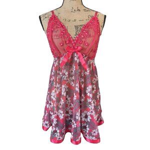 Red Lace Sheer Mesh Floral Slip Dress Chemise Babydoll Dress Gown LARGE Feminine